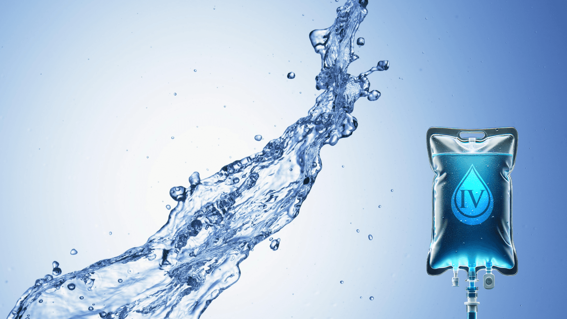 A splash of clear water flowing beside a Prime IV hydration bag, representing rapid rehydration